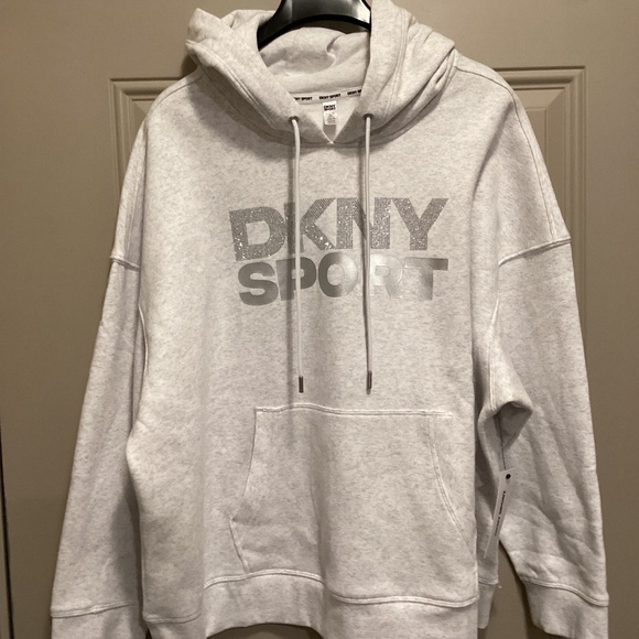 Dkny Tops - DKNY Sport Women’s Rhinestone Sequin Logo Hoodie Light Gray